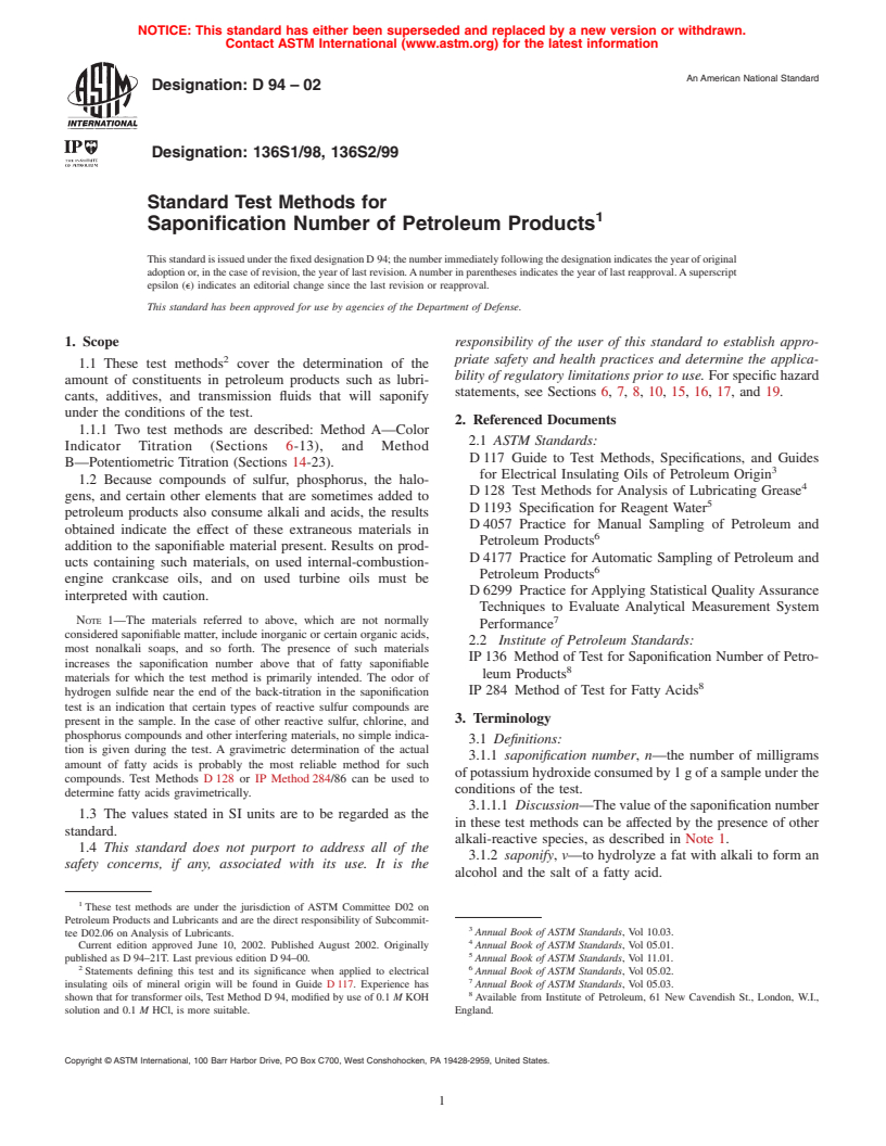 ASTM D94-02 - Standard Test Methods for Saponification Number of Petroleum Products