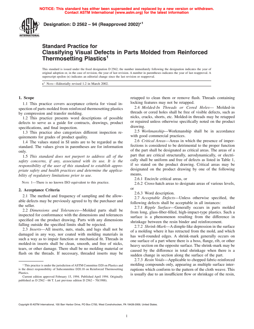 ASTM D2562-94(2002)e1 - Standard Practice for Classifying Visual Defects in Parts Molded from Reinforced Thermosetting Plastics