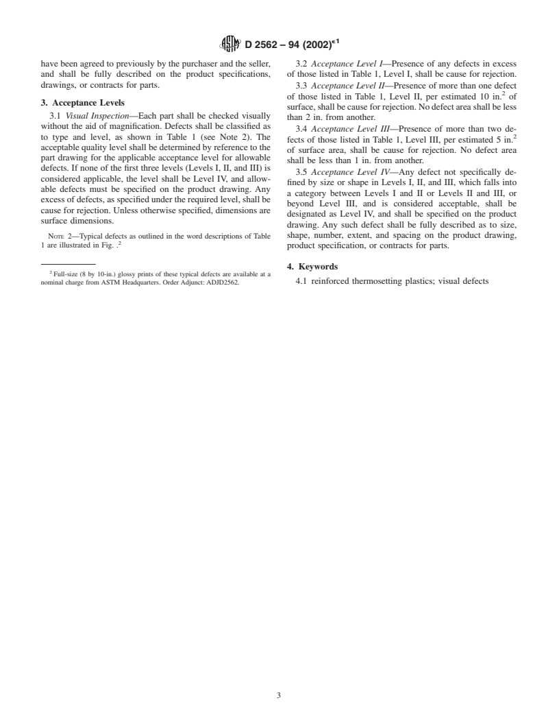 ASTM D2562-94(2002)e1 - Standard Practice for Classifying Visual Defects in Parts Molded from Reinforced Thermosetting Plastics