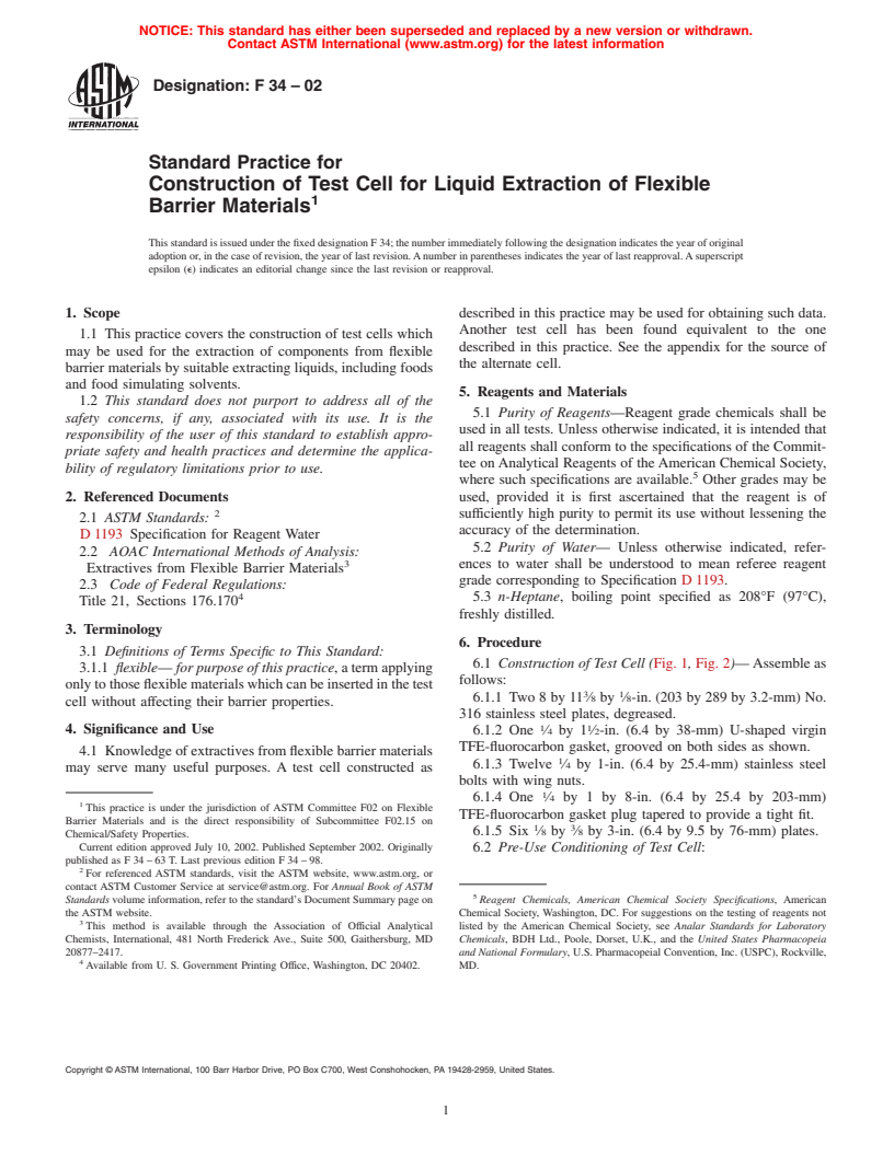 ASTM F34-02 - Standard Practice for Construction of Test Cell for Liquid Extraction of Flexible Barrier Materials