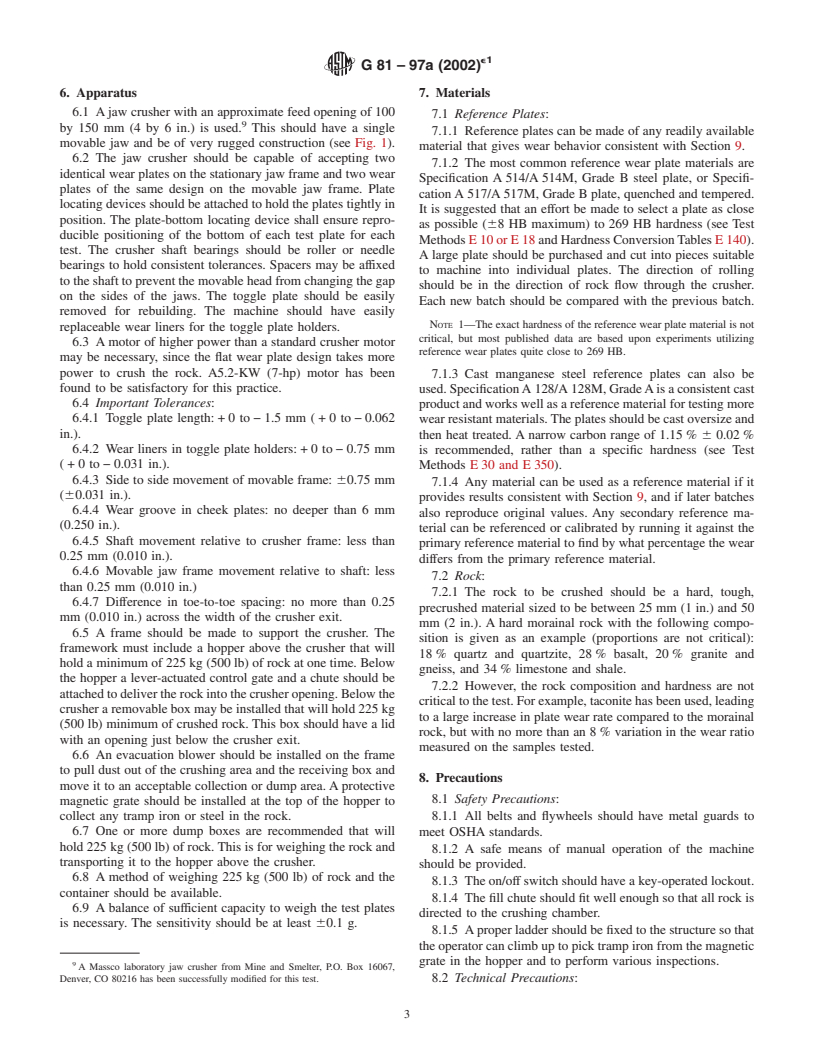 ASTM G81-97a(2002)e1 - Standard Test Method for Jaw Crusher Gouging Abrasion Test