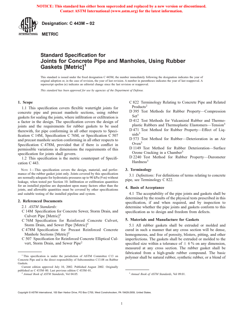 ASTM C443M-02 - Standard Specification for Joints for Concrete Pipe and Manholes, Using Rubber Gaskets (Metric)