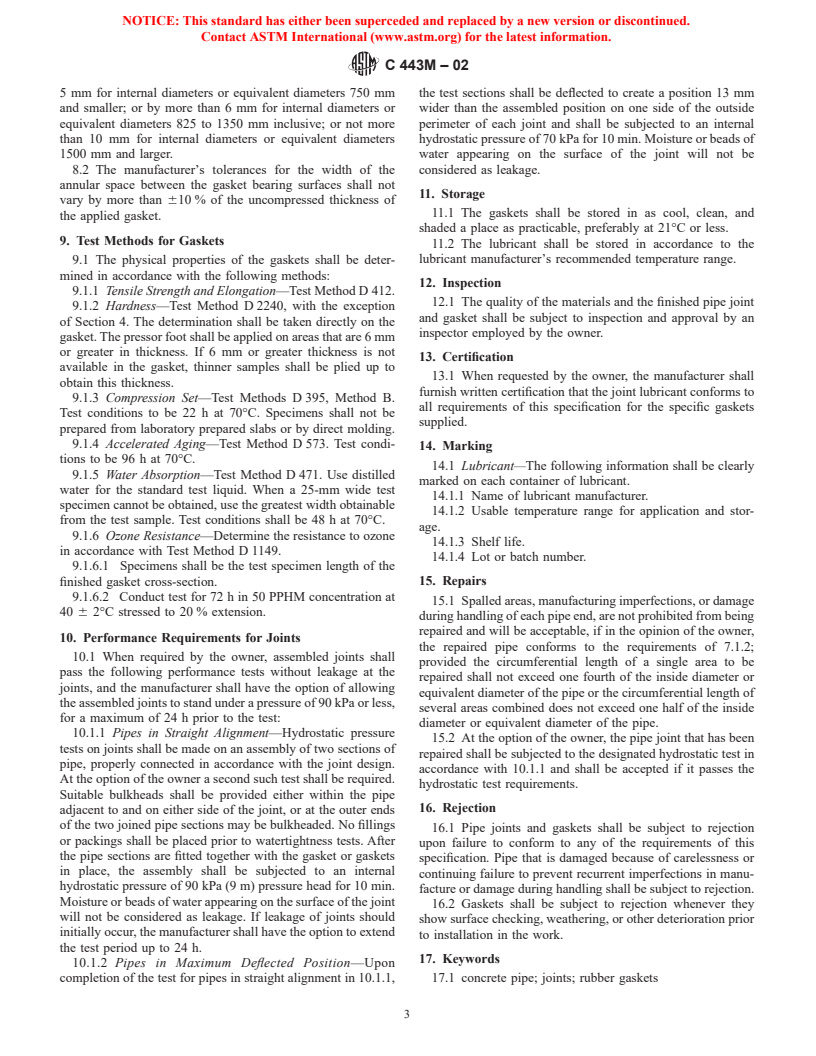 ASTM C443M-02 - Standard Specification for Joints for Concrete Pipe and Manholes, Using Rubber Gaskets (Metric)