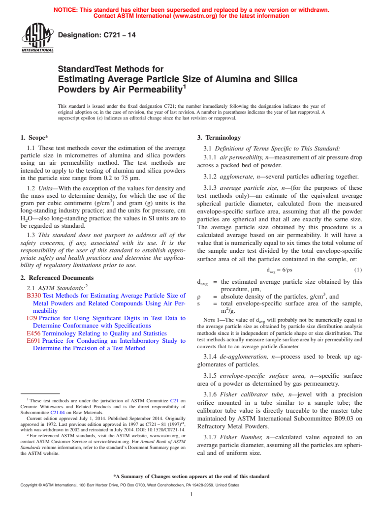 ASTM C721-14 - Standard Test Methods for Estimating Average Particle Size of Alumina and Silica Powders  by Air Permeability