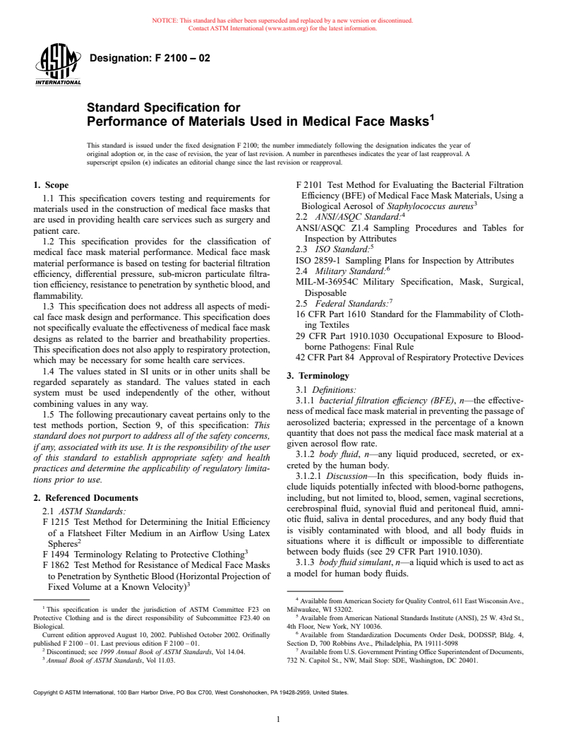 ASTM F2100-02 - Standard Specification for Performance of Materials Used in Medical Face Masks