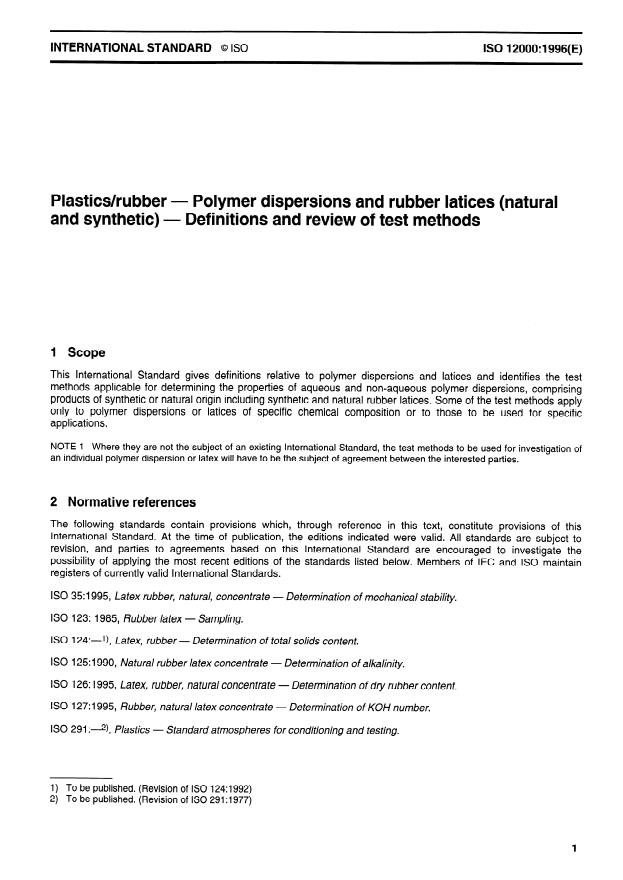 ISO 12000:1996 - Plastics/rubber -- Polymer dispersions and rubber latices (natural and synthetic) -- Definitions and review of test methods