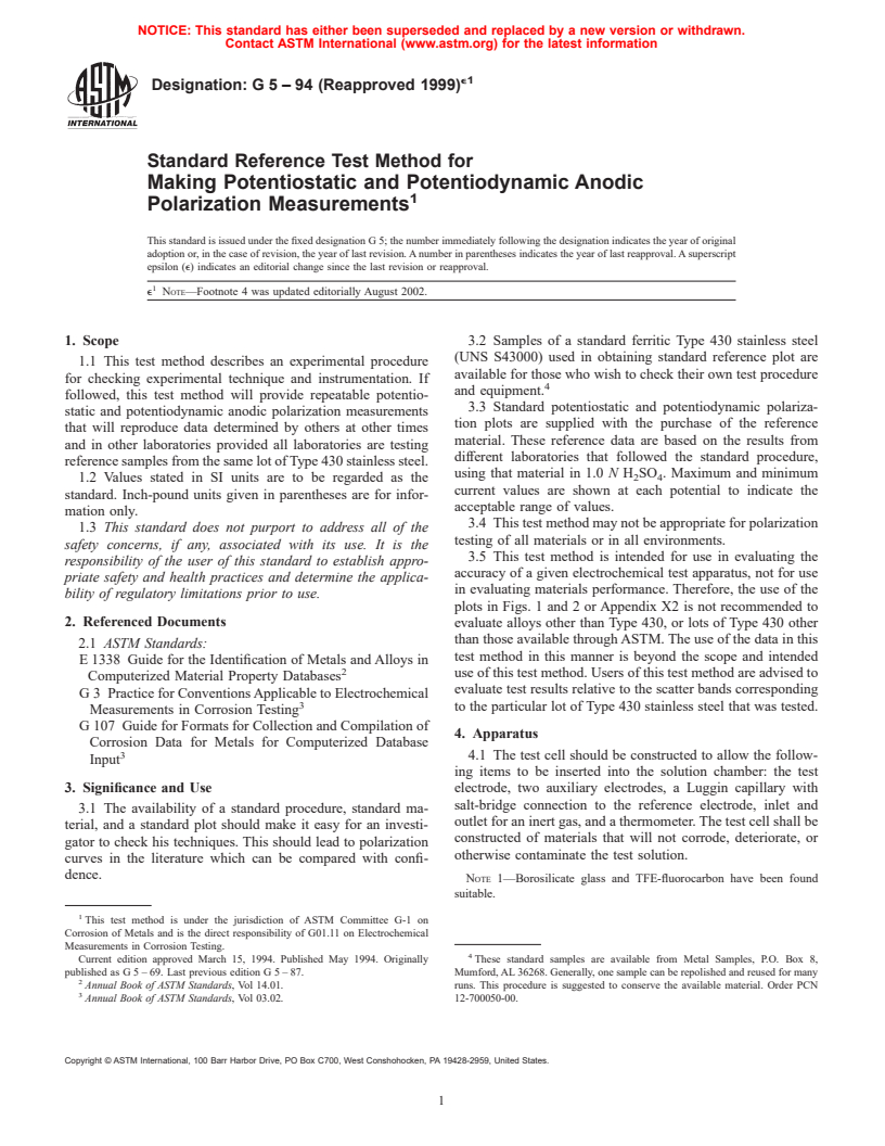 ASTM G5-94(1999)e1 - Standard Reference Test Method for Making Potentiostatic and Potentiodynamic Anodic Polarization Measurements