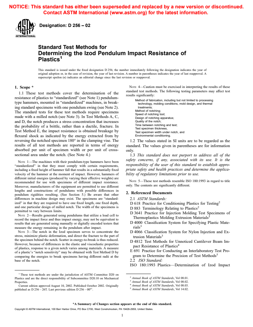 ASTM D256-02 - Standard Test Methods for Determining the Izod Pendulum Impact Resistance of Plastics