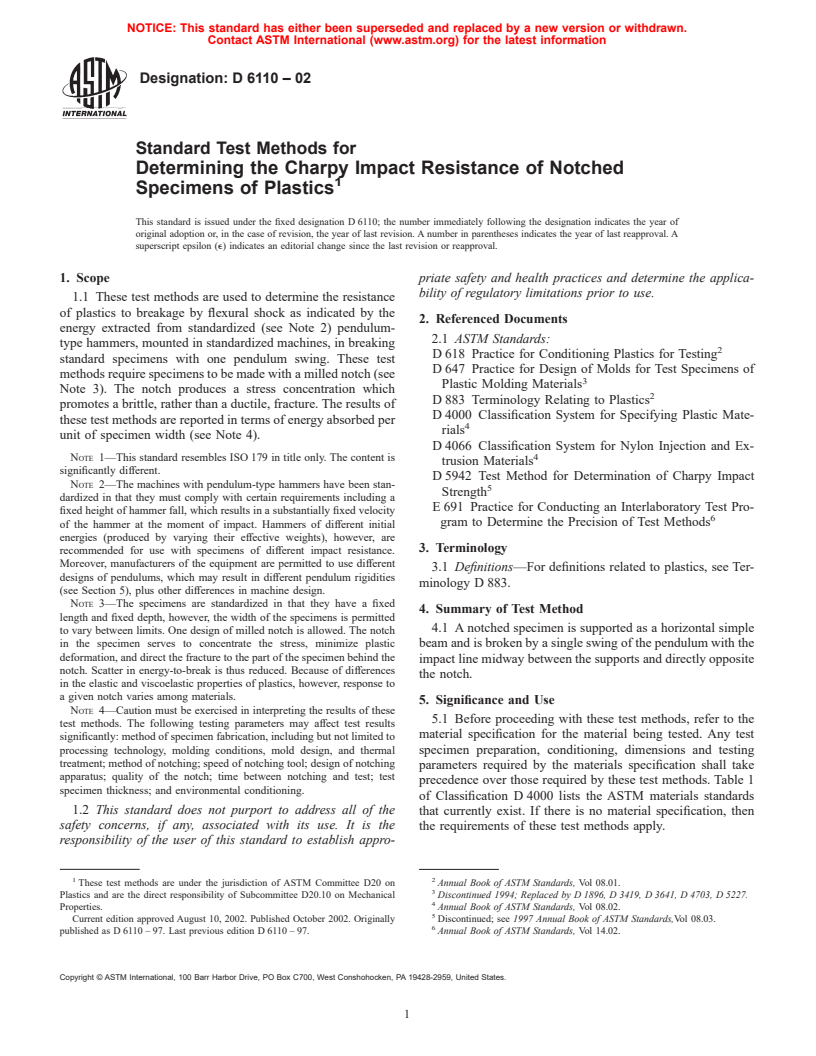 ASTM D6110-02 - Standard Test Methods for Determining the Charpy Impact Resistance of Notched Specimens of Plastics