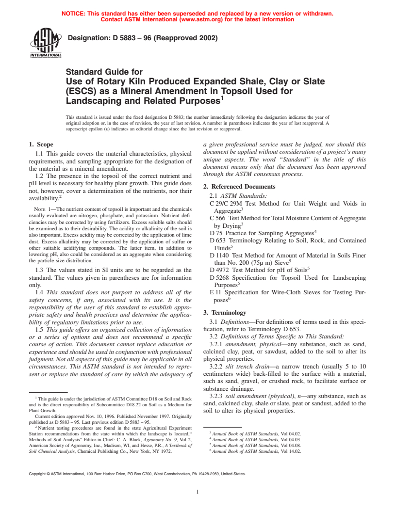 ASTM D5883-96(2002) - Standard Guide for Use of Rotary Kiln Produced Expanded Shale, Clay or Slate (ESCS) as a Mineral Amendment in Topsoil Used for Landscaping and Related Purposes