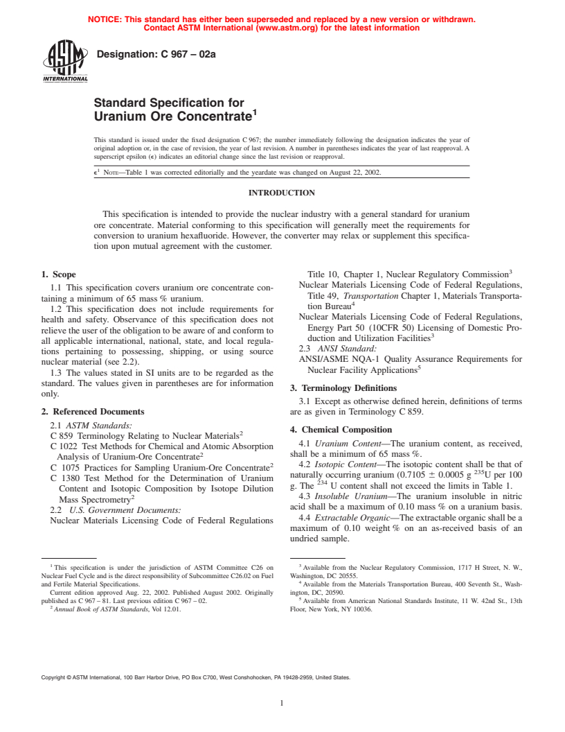 ASTM C967-02a - Standard Specification for Uranium Ore Concentrate