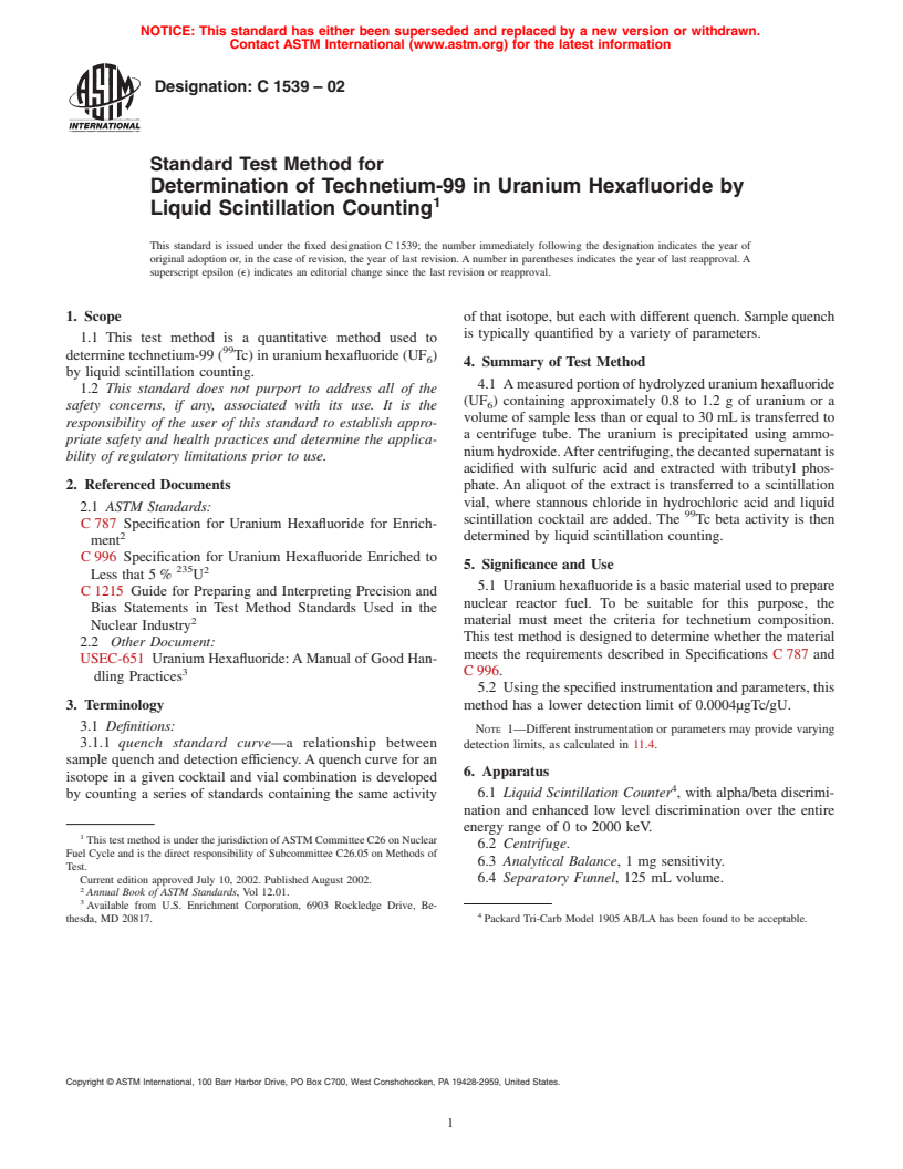 ASTM C1539-02 - Standard Test Method for Determination of Technetium-99 in Uranium Hexafluoride by Liquid Scintillation Counting (Withdrawn 2008)