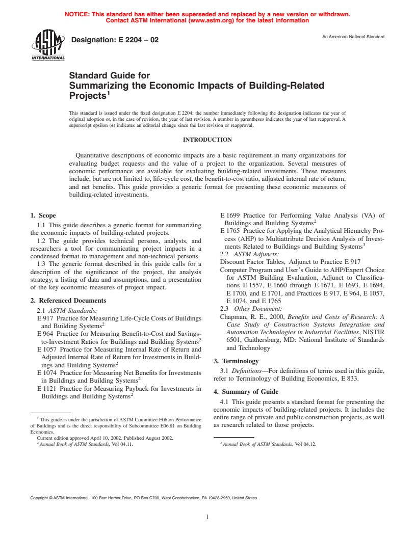 ASTM E2204-02 - Standard Guide for Summarizing the Economic Impacts of Building-Related Projects