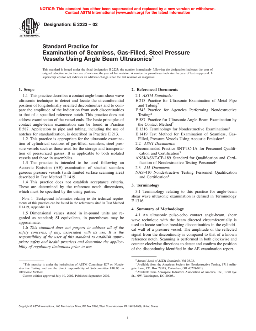 ASTM E2223-02 - Standard Practice for Examination of Seamless, Gas-Filled, Steel Pressure Vessels Using Angle Beam Ultrasonics