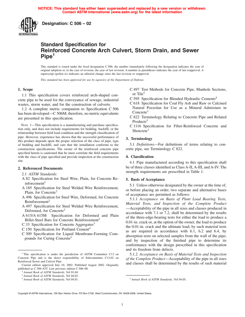 ASTM C506-02 - Standard Specification for Reinforced Concrete Arch Culvert, Storm Drain, and Sewer Pipe