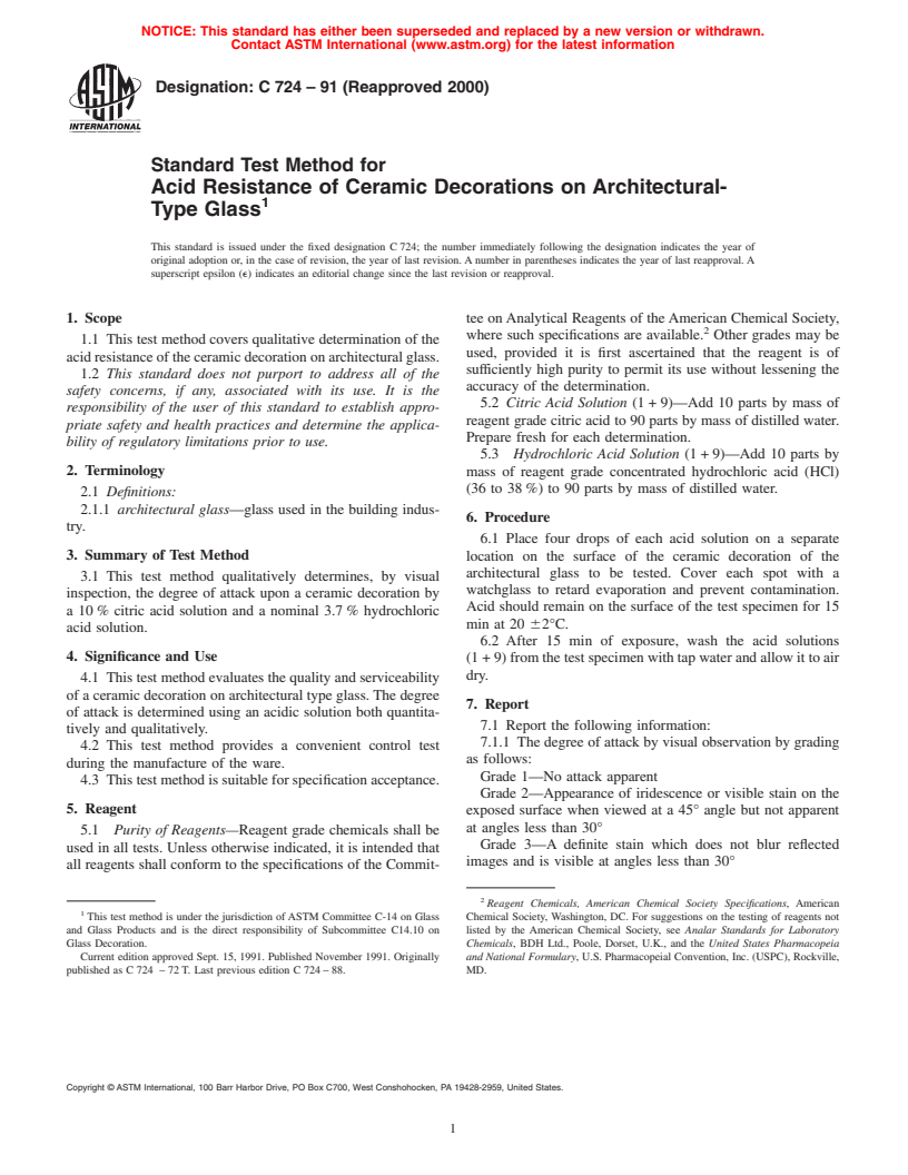 ASTM C724-91(2000) - Standard Test Method for Acid Resistance of Ceramic Decorations on Architectural-Type Glass