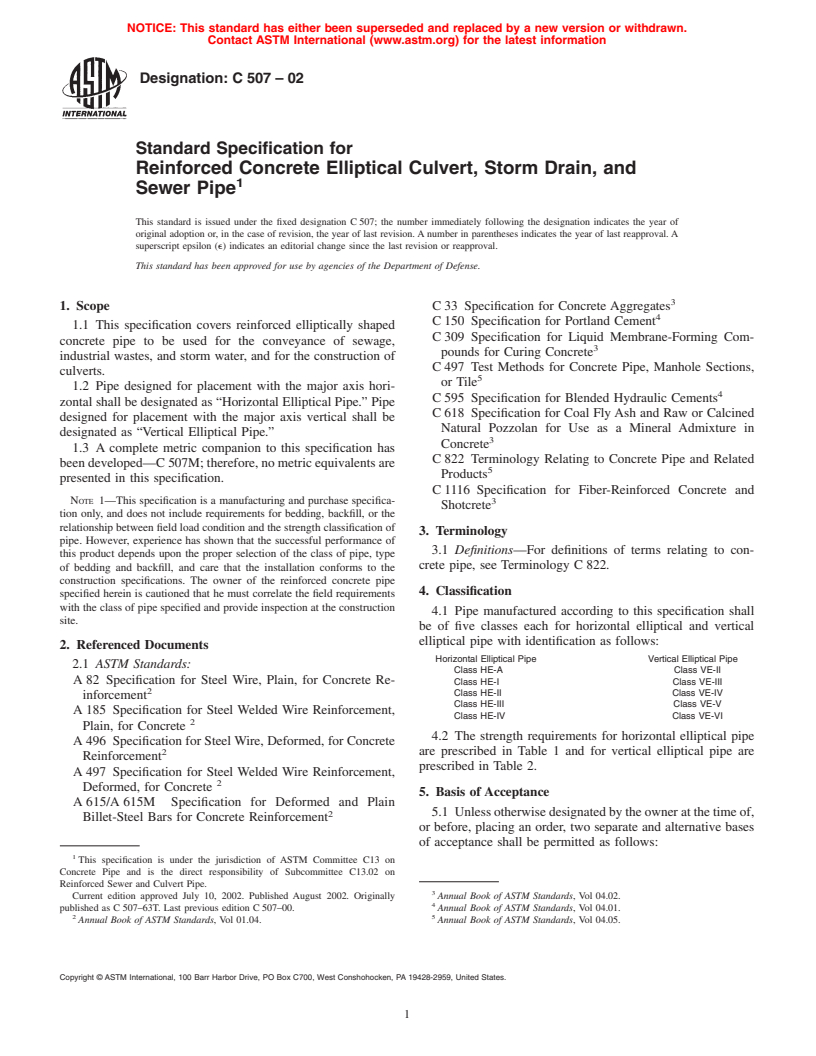ASTM C507-02 - Standard Specification for Reinforced Concrete Elliptical Culvert, Storm Drain, and Sewer Pipe