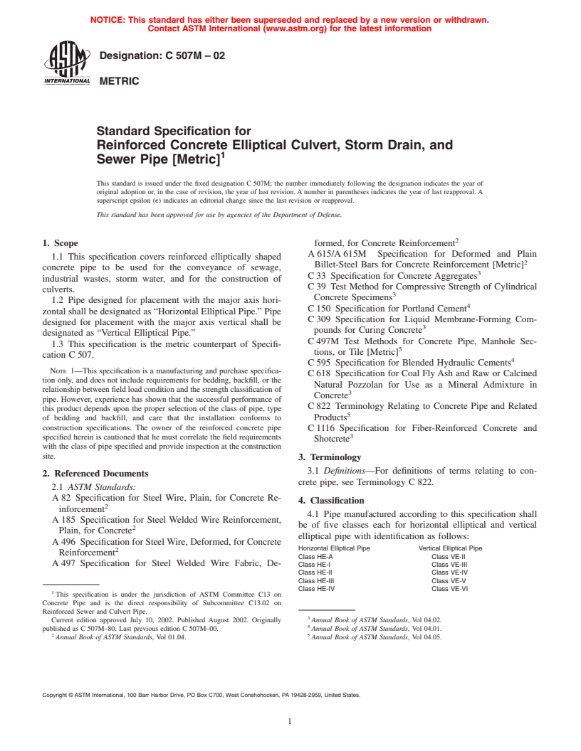 ASTM C507M-02 - Standard Specification for Reinforced Concrete Elliptical Culvert, Storm Drain, and Sewer Pipe [Metric]