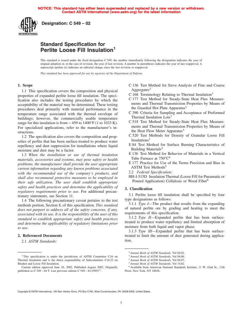 ASTM C549-02 - Standard Specification for Perlite Loose Fill Insulation