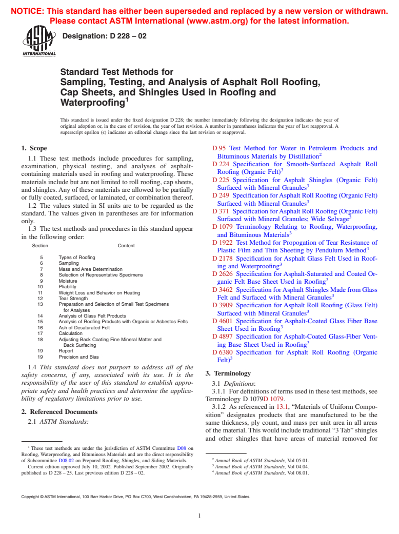 ASTM D228-02 - Standard Test Methods for Sampling, Testing, and Analysis of Asphalt Roll Roofing, Cap Sheets, and Shingles Used in Roofing and Waterproofing
