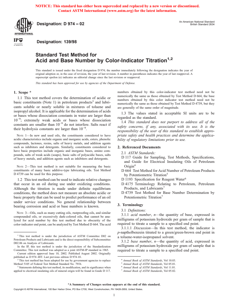 ASTM D974-02 - Standard Test Method for Acid and Base Number by Color-Indicator Titration