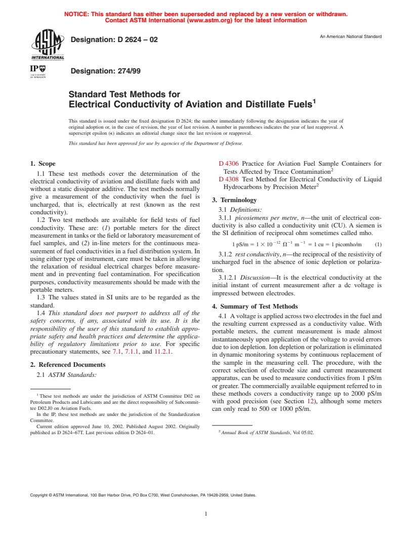 ASTM D2624-02 - Standard Test Methods for Electrical Conductivity of Aviation and Distillate Fuels