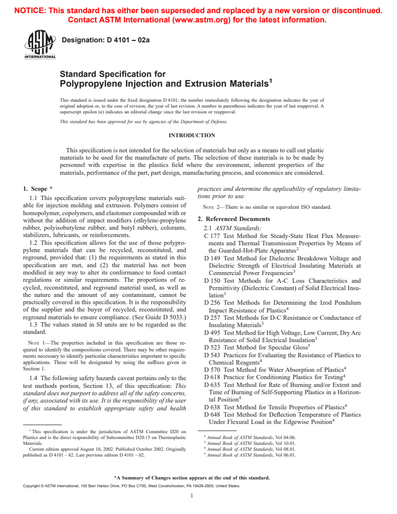 ASTM D4101-02a - Standard Specification for Polypropylene Injection and Extrusion Materials