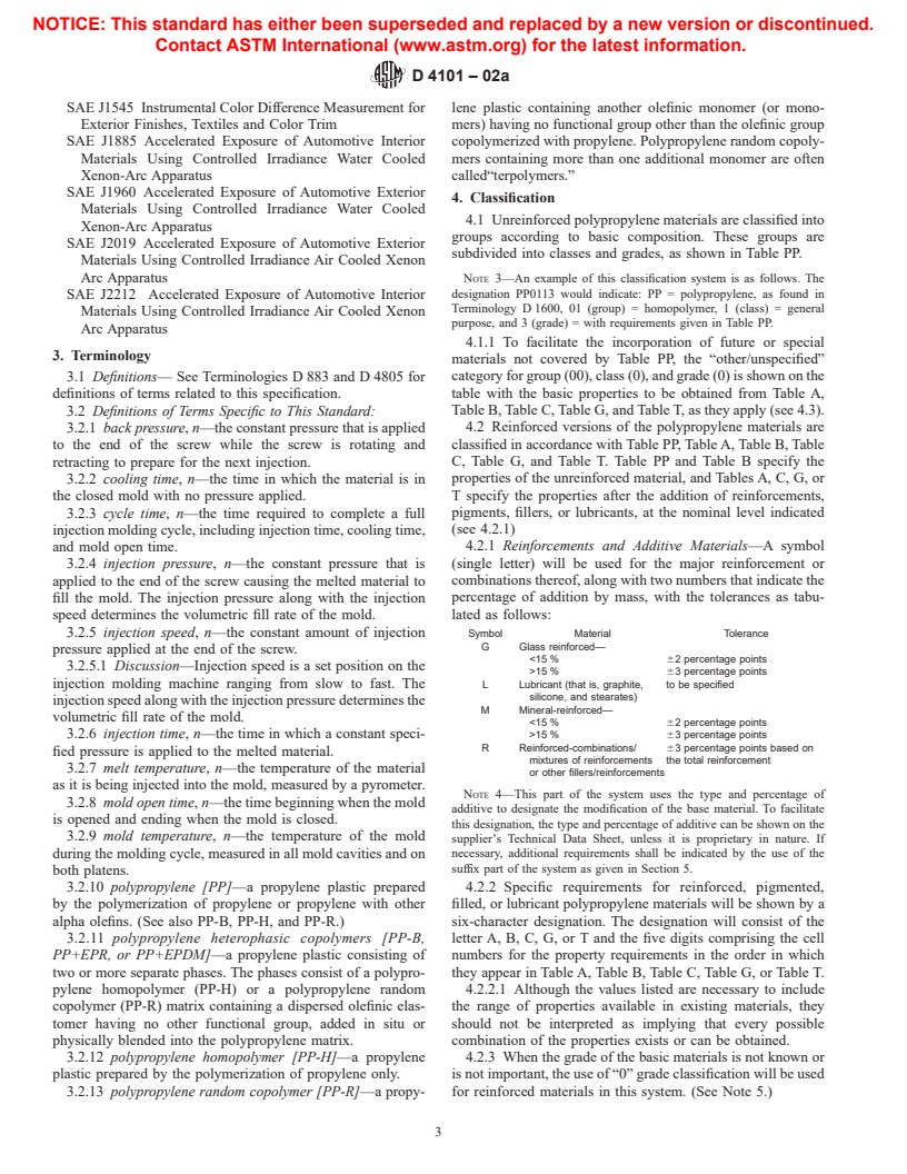 ASTM D4101-02a - Standard Specification for Polypropylene Injection and Extrusion Materials