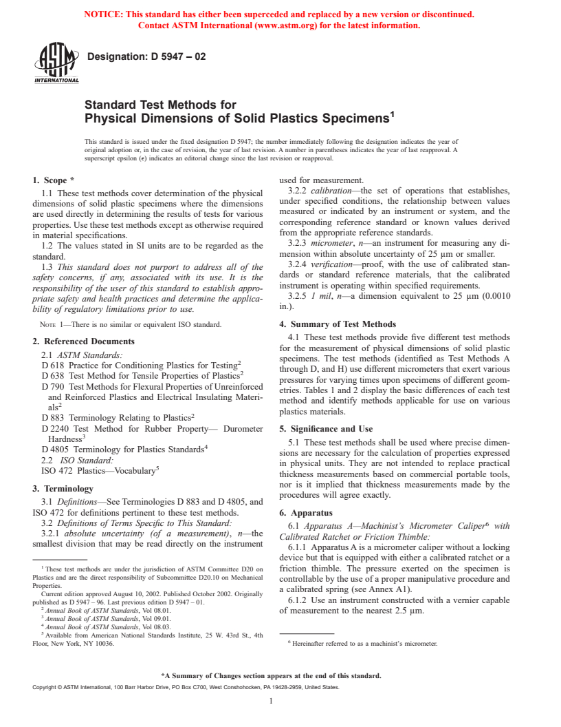 ASTM D5947-02 - Standard Test Methods for Physical Dimensions of Solid Plastics Specimens