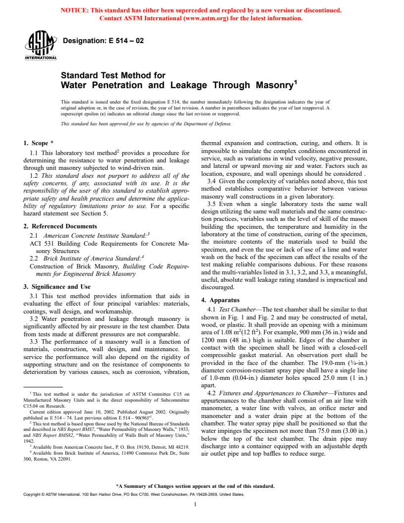 ASTM E514-02 - Standard Test Method for Water Penetration and Leakage Through Masonry