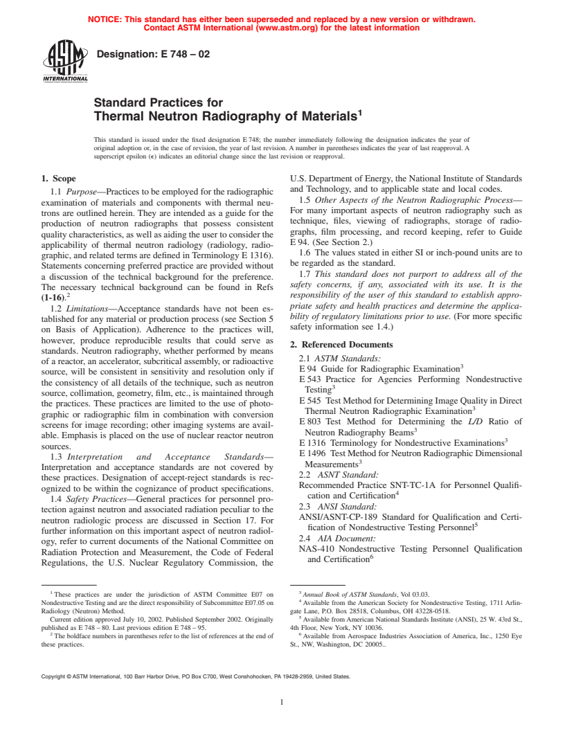 ASTM E748-02 - Standard Practices for Thermal Neutron Radiography of Materials