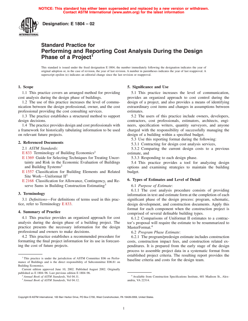 ASTM E1804-02 - Standard Practice for Performing and Reporting Cost Analysis During the Design Phase of a Project