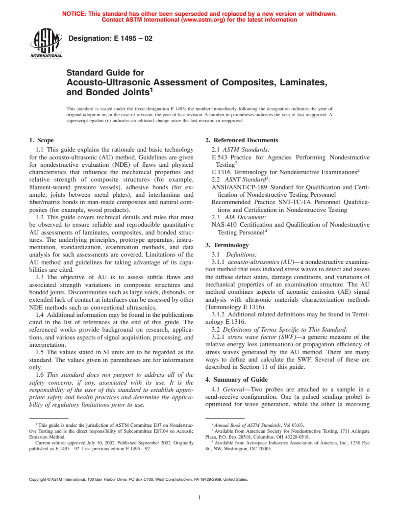 ASTM E1495-02 - Standard Guide for Acousto-Ultrasonic Assessment of Composites, Laminates, and Bonded Joints