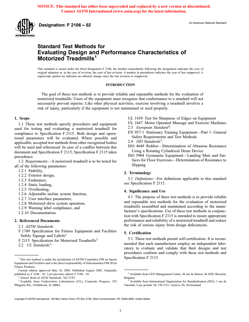 ASTM F2106-02 - Standard Test Methods for Evaluating Design and Performance Characteristics of Motorized Treadmills