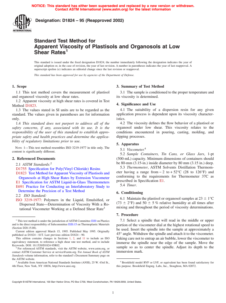 ASTM D1824-95(2002) - Standard Test Method for Apparent Viscosity of Plastisols and Organosols at Low Shear Rates