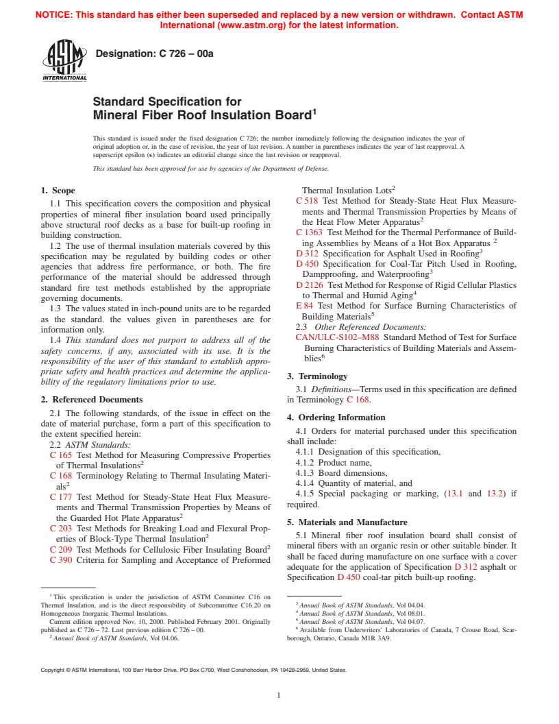 ASTM C726-00a - Standard Specification for Mineral Fiber Roof Insulation Board