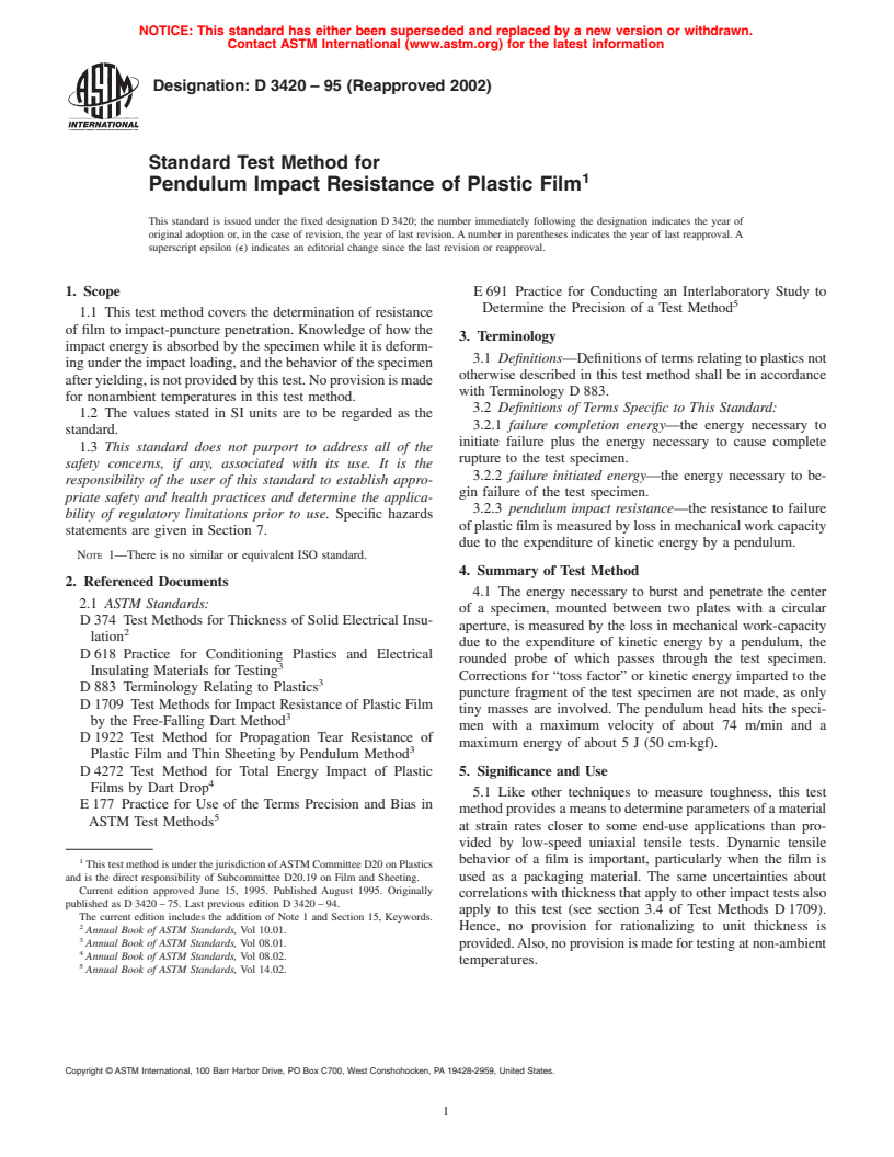 ASTM D3420-95(2002) - Standard Test Method for Pendulum Impact Resistance of Plastic Film