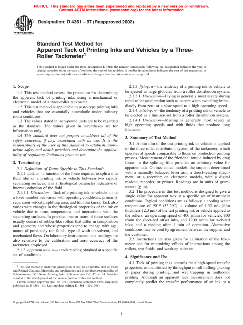 ASTM D4361-97(2002) - Standard Test Method for Apparent Tack of Printing Inks and Vehicles by a Three-Roller Tackmeter