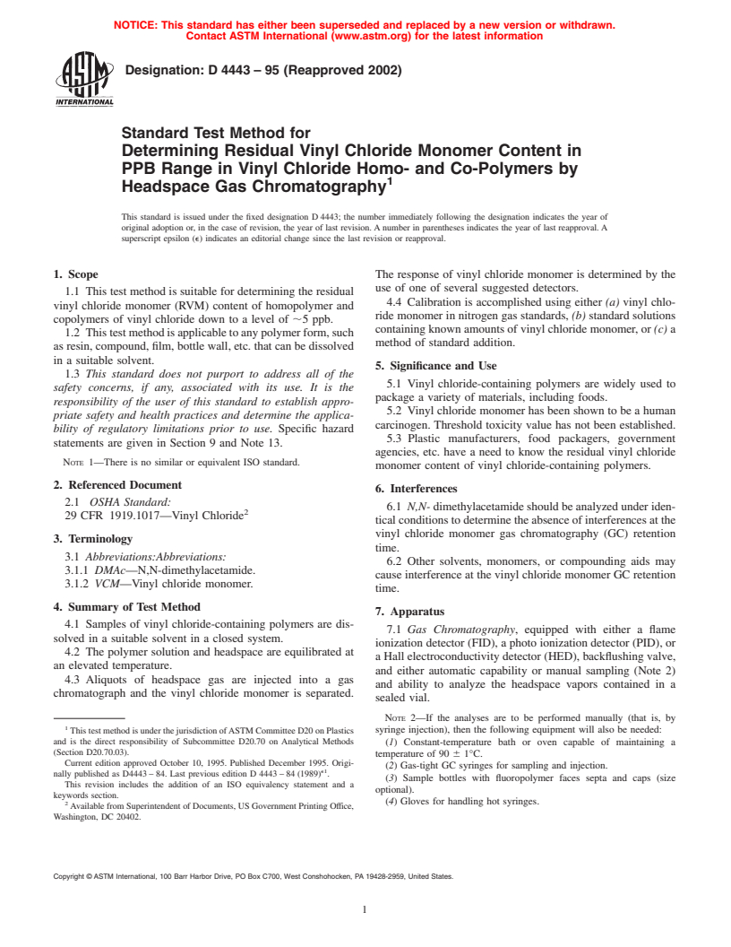 ASTM D4443-95(2002) - Standard Test Method for Determining Residual Vinyl Chloride Monomer Content in PPB Range in Vinyl Chloride Homo- and Co-Polymers by Headspace Gas Chromatography