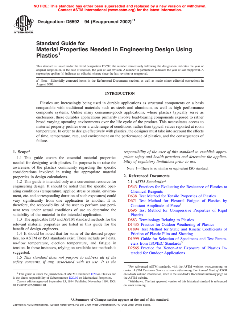 ASTM D5592-94(2002)e1 - Standard Guide for Material Properties Needed in Engineering Design Using Plastics