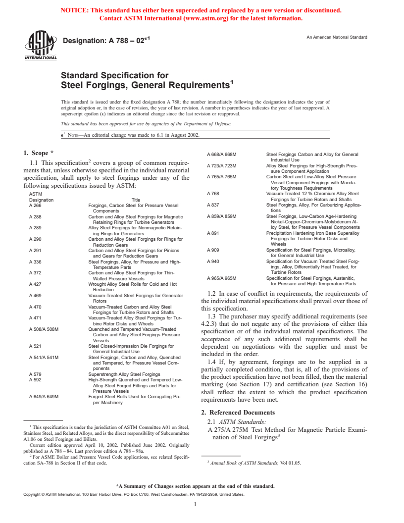 ASTM A788-02e1 - Standard Specification for Steel Forgings, General Requirements