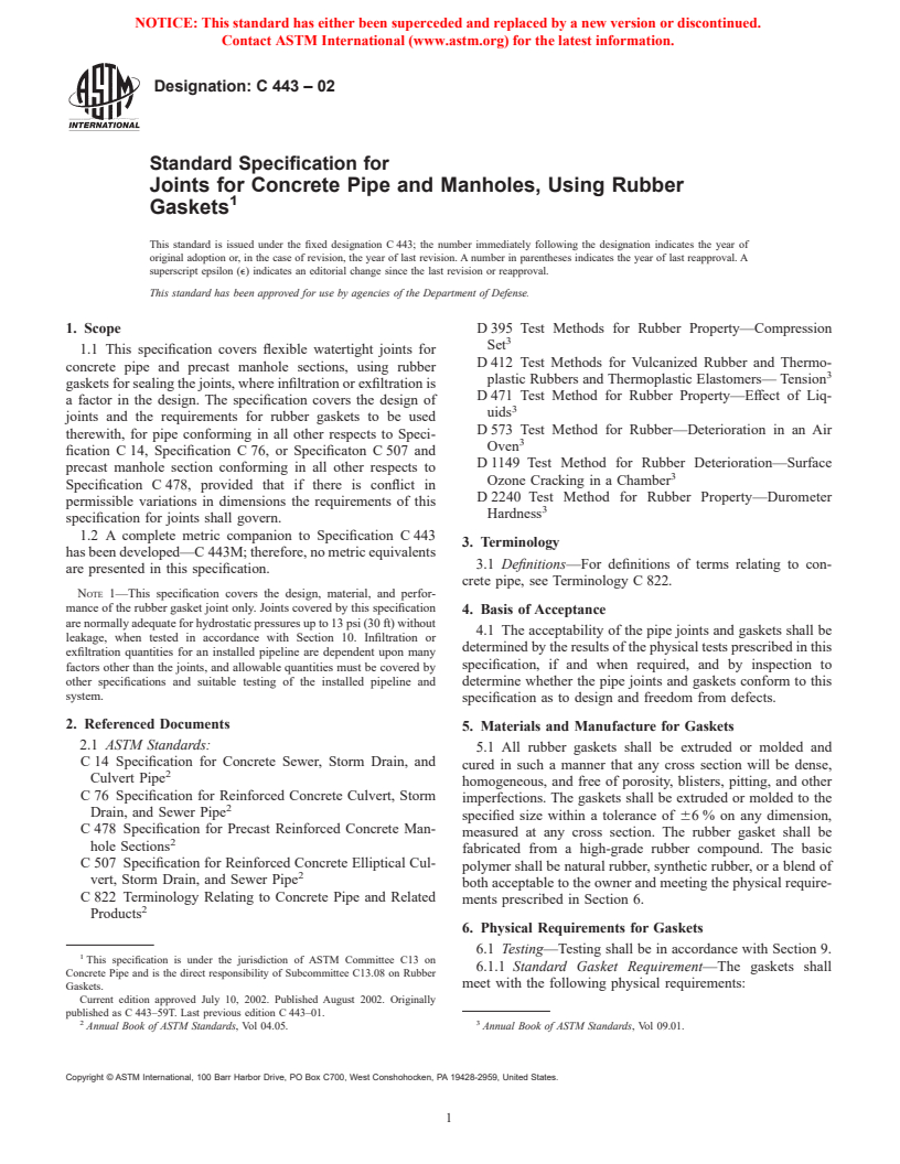 ASTM C443-02 - Standard Specification for Joints for Concrete Pipe and Manholes, Using Rubber Gaskets