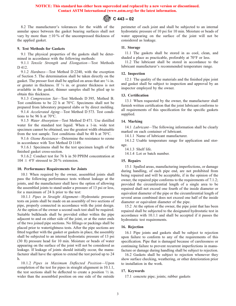 ASTM C443-02 - Standard Specification for Joints for Concrete Pipe and Manholes, Using Rubber Gaskets