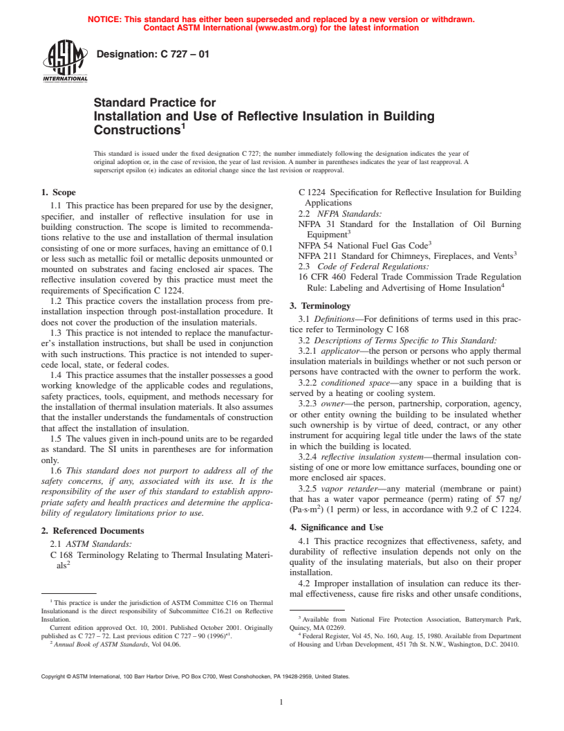 ASTM C727-01 - Standard Practice for Installation and Use of Reflective Insulation in Building Constructions