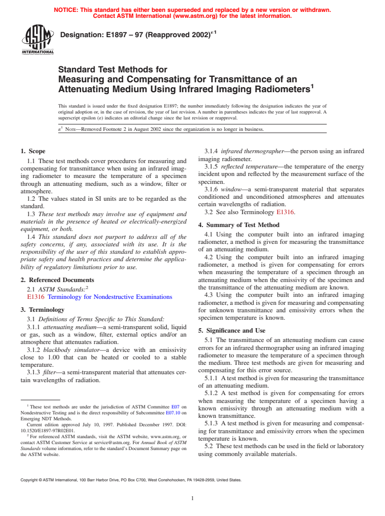 ASTM E1897-97(2002)e1 - Standard Test Methods for Measuring and Compensating for Transmittance of an Attenuating Medium Using Infrared Imaging Radiometers