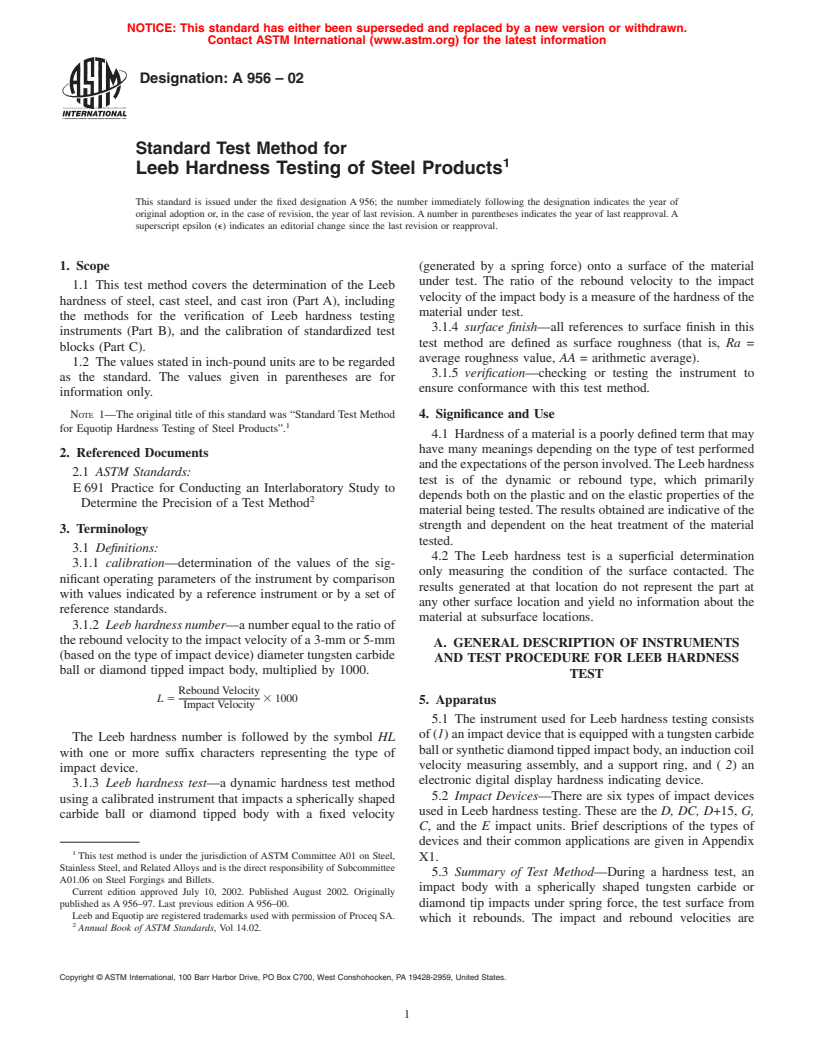 ASTM A956-02 - Standard Test Method for Leeb Hardness Testing of Steel Products