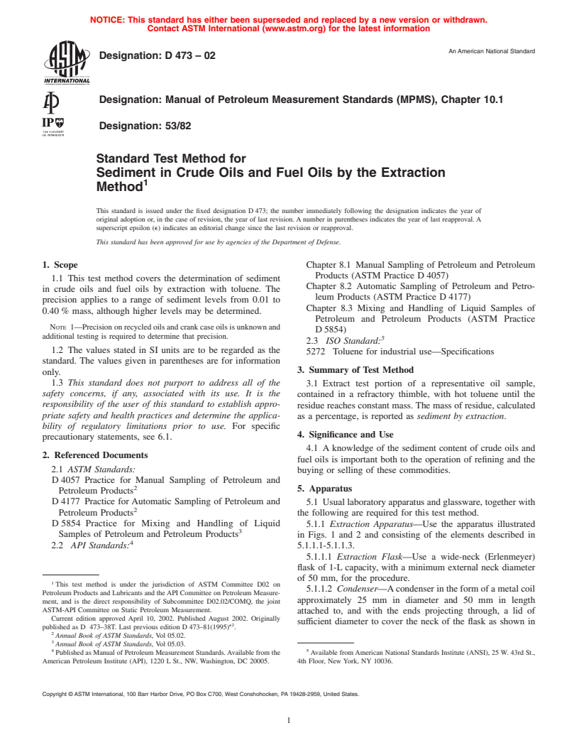 ASTM D473-02 - Standard Test Method for Sediment in Crude Oils and Fuel Oils by the Extraction Method