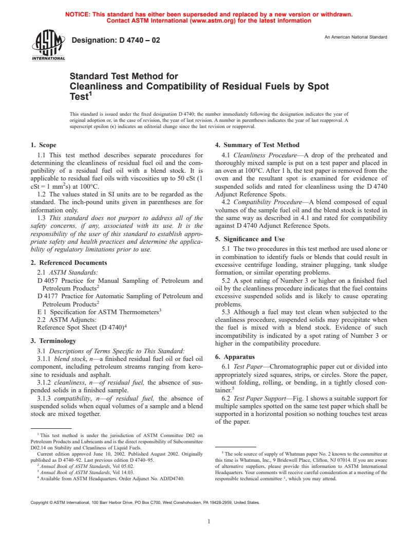 ASTM D4740-02 - Standard Test Method for Cleanliness and Compatibility of Residual Fuels by Spot Test