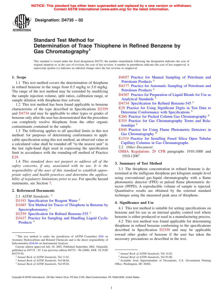 ASTM D4735-02 - Standard Test Method for Determination of Trace Thiophene in Refined Benzene by Gas Chromatography