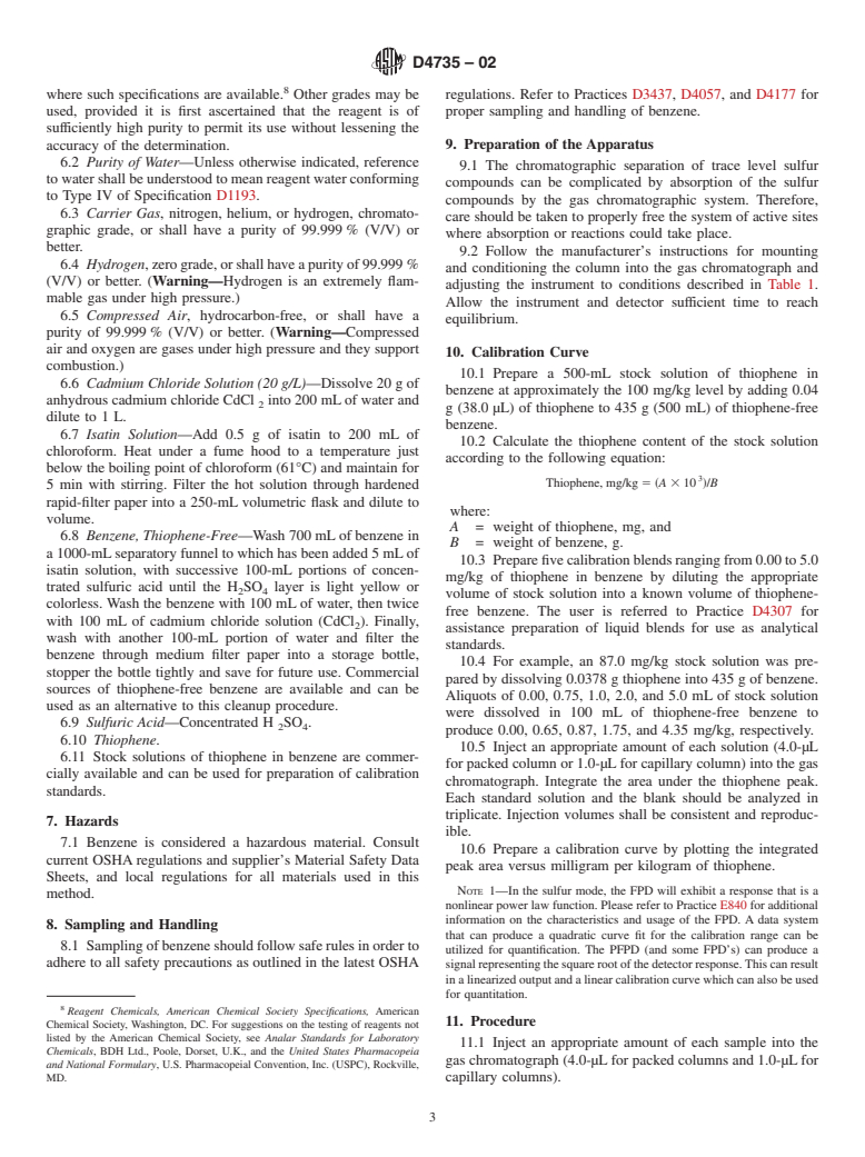 ASTM D4735-02 - Standard Test Method for Determination of Trace Thiophene in Refined Benzene by Gas Chromatography